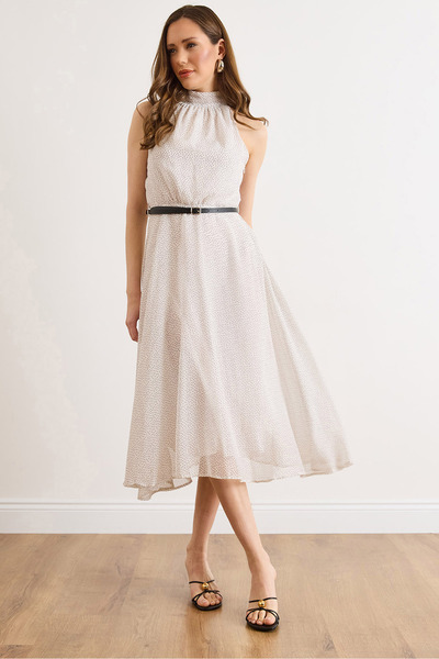 Olalook Γυναικείο λευκό φόρεμα σιφόν με λαιμόκοψη halter και ζώνη με πουά ELB...