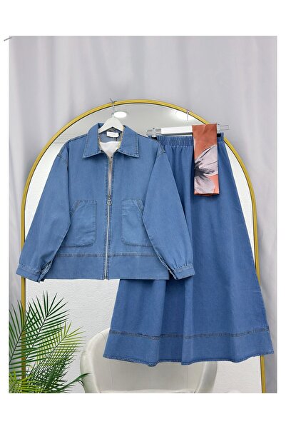 YEDİLALE Jeans Jacket and Skirt Two-Piece Set with Side Pockets and Zipper [E...