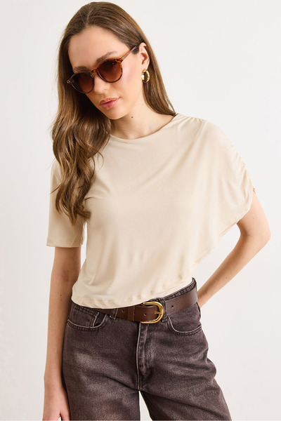 Olalook Γυναικεία μπλούζα με έναν ώμο και λεπτομέρεια ντραπέ, με πέτρινη επέν...