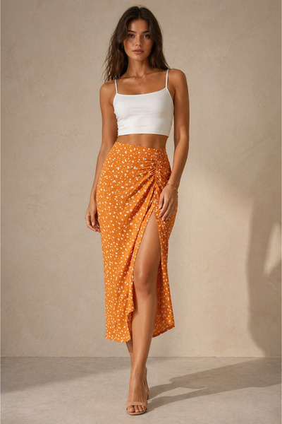 1434 Polo State Γυναικεία μίντι φούστα με σχέδιο καρδιάς σε πορτοκαλί χρώμα κ...