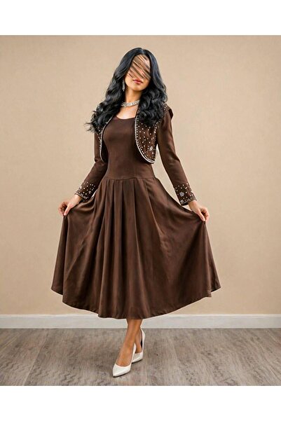 Jood Brown Midi Dress with Pearl Detailing and Luxury Short Jacket