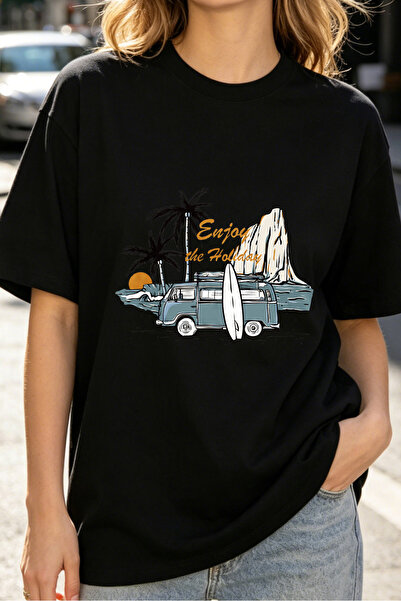 Fleck Womens T Shirts Surf Van Beach Scene Enjoy The Holidays Casual Summer S...