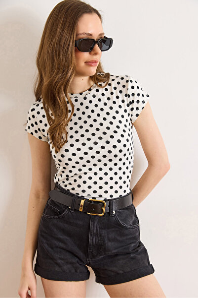 Olalook Γυναικεία λευκή μπλούζα με λαιμόκοψη πόλυαμιντ με πουά BLZ-19003333