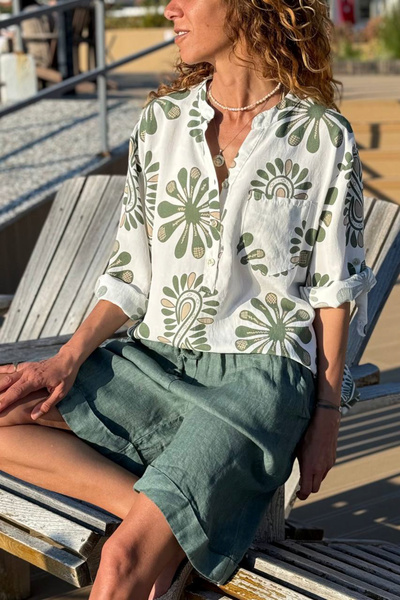 Güneşkızı Ιταλική λευκοπράσινη μπλούζα με έθνικ σχέδιο, βαμβακερή, χαλαρή υφα...