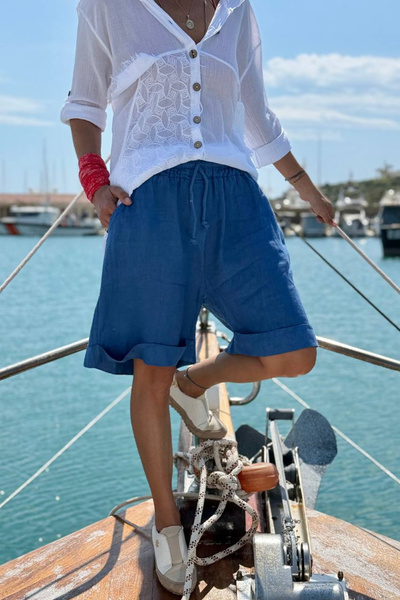 Güneşkızı Ιταλικό σορτς Indigo με διπλό τελείωμα και τσέπες, από λινό υφαντό ...