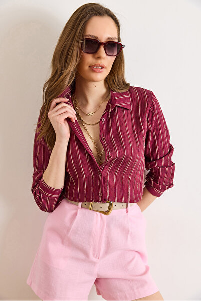 Olalook Γυναικείο πουκάμισο σε μπορντό χρώμα με ρίγες και αντίθεση, κανονική ...