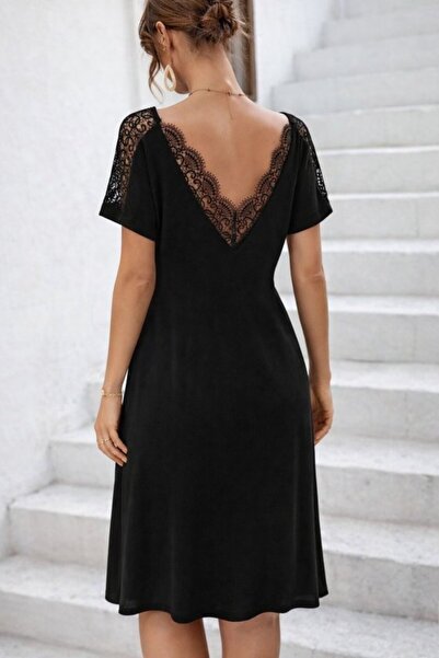 Wear Up Γυναικείο κοντομάνικο φόρεμα μίντι από βισκόζη με δαντέλα και λαιμόκο...