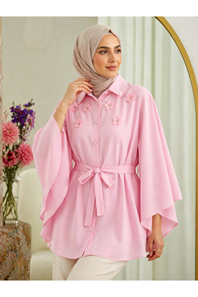 SADEL Çiçek ve Bağcık Detaylı Düğmeli Panço - Pembe