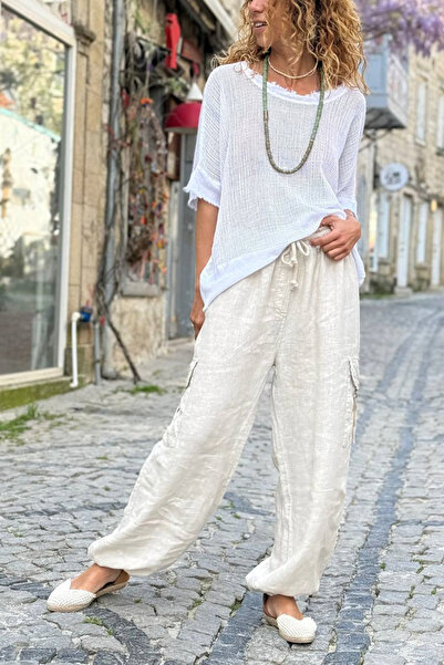 Güneşkızı Ιταλικό μπεζ λινό υφαντό παντελόνι με τσέπες στα πλαϊνά και ελαστικ...