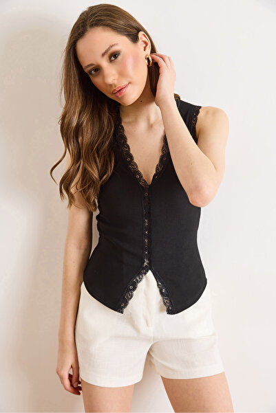 Olalook Γυναικεία Μαύρη Δαντελένια Λεπτομερής Αμάνικη Οθωμανική Μπλούζα BLZ-1...