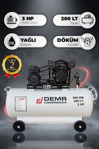 Demr Kompresör Hava Kompresörü Pistonlu 200 Lt 2 Kafa 8 Bar 3 Hp IDM200