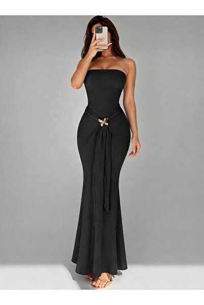 MEGOMEL Γυναικείο φόρεμα με λεπτομέρεια αγκράφας πεταλούδας, στράπλες, εφαρμο...