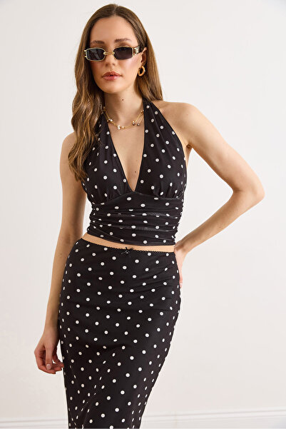 Olalook Γυναικεία μαύρη μπλούζα από τούλι με λουράκι στο λαιμό και πουά σχέδι...