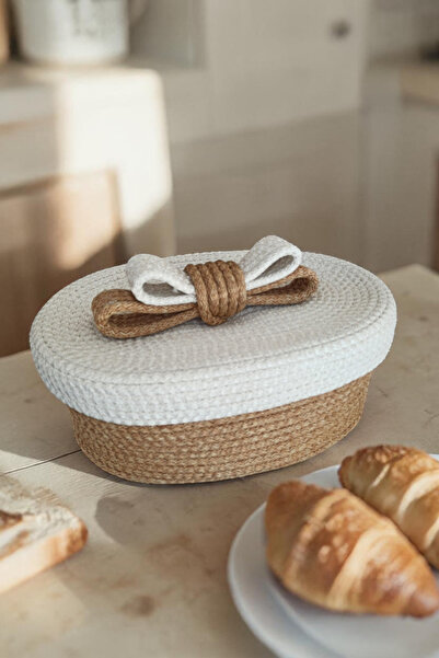 KAAN HOME Hasır Jüt Görünümlü Bej Krem Dekoratif Ekmek Sepeti Doğal Sofra Zar...