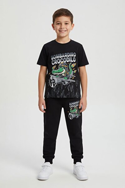 Cansın Mini Black Crocodile Printed Tracksuit Boys' T-Shirt 2-Piece Set 23913