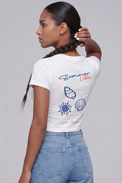 BACKLAİN Mod Style Women's Sea Shell Printed Crop T-Shirt Summer Concept 100%...