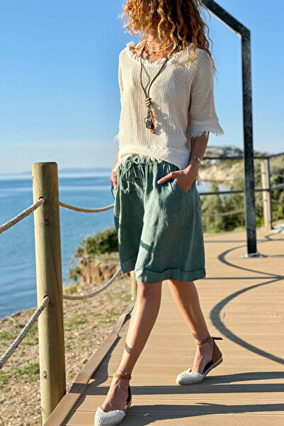 Güneşkızı Ιταλικό Χακί Σορτς με Τσέπες, Διπλό Πόδι, Λινό, Χαλαρή Ύφανση 55 35