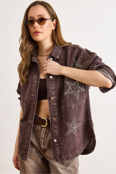 Olalook Γυναικείο πουκάμισο-τζάκετ με καφέ χάντρες και λεπτομέρεια αστεριού, ...