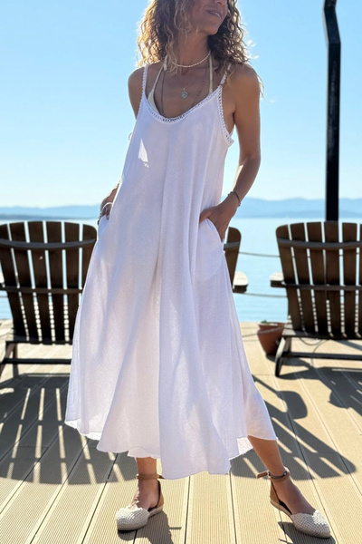 Güneşkızı Ιταλικό λευκό λινό φόρεμα με τσέπες σε σχήμα Α, χαλαρή ύφανση 45 35