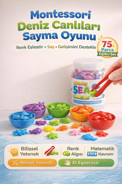 Montessori Sea Creatures Counting Game 75 Pieces – Color Matching & Trainer Transfer Set