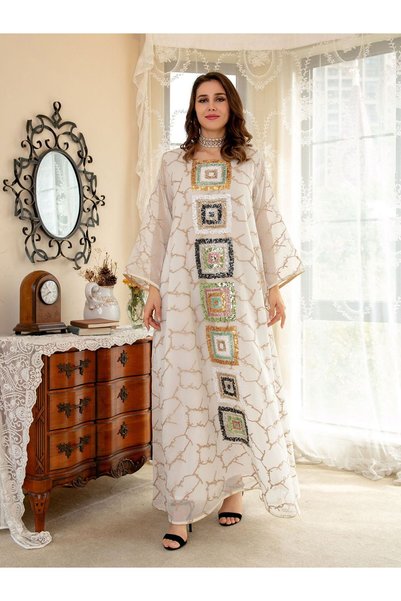 Greneric Stylish Muslim Abaya with Colorful Sequin Geometric Embroidery – Eid Al Adha Outfit