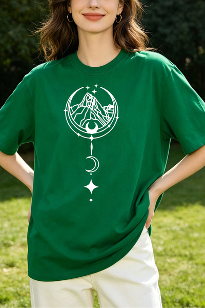 Fleck Womens T Shirts Mountain Moon And Stars Graphic Oversized Casual Style