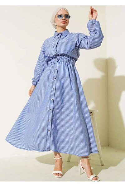 VOLT CLOTHİNG Ριγέ Φόρεμα Τεσεττούρ με Μεταλλικά Κουμπιά σε Όλο το Μήκος