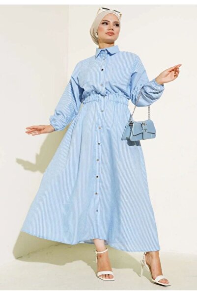 VOLT CLOTHİNG Ριγέ Φόρεμα Τεσεττούρ με Μεταλλικά Κουμπιά σε Όλο το Μήκος