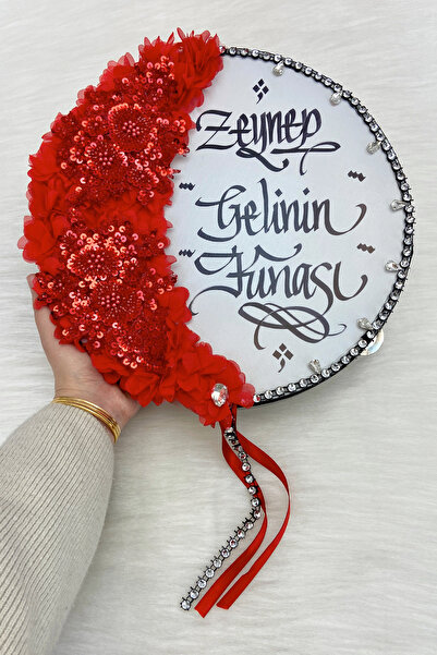 ZEYMERADE Kırmızı Kaligrafi Gelin Tefi 32cm, Vip Güpürlü, Parlak Taş Ve 3d Çi...