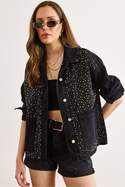 Olalook Γυναικείο μαύρο τζιν μπουφάν με λεπτομέρειες από πέτρα και τσέπες CKT...