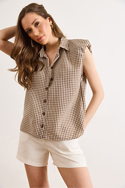 Olalook Γυναικείο καφέ πουκάμισο χωρίς μανίκια με λεπτομέρεια στους ώμους GML...