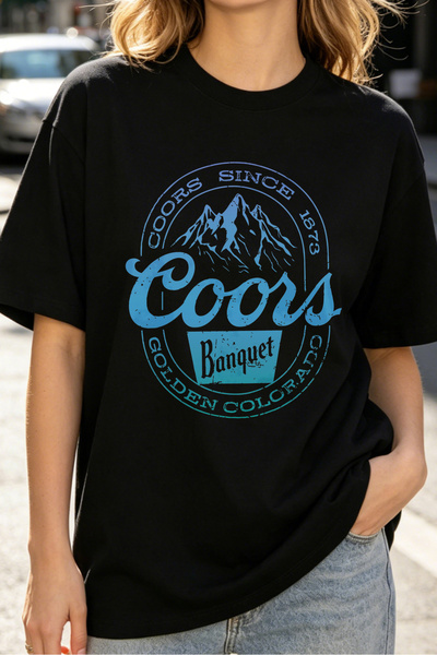 Fleck Womens T Shirts Coors Banquet Mountain Logo Vintage Style Black Casual Top