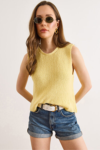 Olalook Γυναικεία κίτρινη μπλούζα με λαιμόκοψη ποδηλάτου, αμάνικη, με βαμβακε...