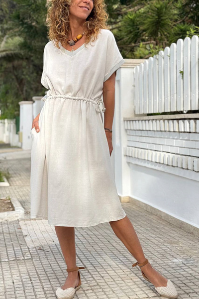 Güneşkızı Ιταλικό Εκρού Φόρεμα με V-λαιμόκοψη, τσέπες, γκλίτερ και ελαστική μ...