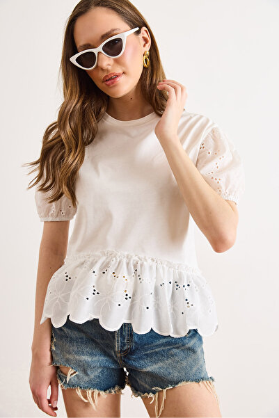 Olalook Γυναικεία λευκή φούστα με βολάν και λεπτομέρεια από βαμβάκι BLZ-19003331