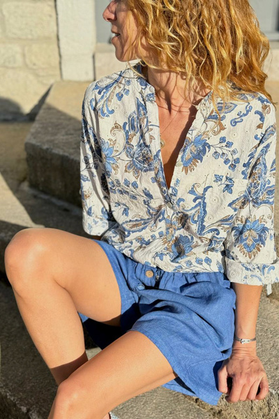 Güneşkızı Ιταλικό μπεζ πουκάμισο με γιακά, φλοράλ βαμβακερό, υφαντό, χαλαρή ε...