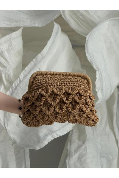 Luminos Butik Ψάθινη τσάντα καμηλό χρώματος με υφή δαντέλας CNT1177