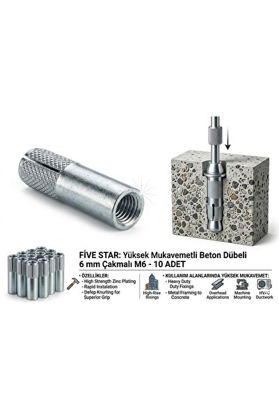 EMİRHANNALBUR FİVE STAR 6 mm Çakmalı Çelik Dübel M6 - 10 Adet (Yüksek Mukavem...