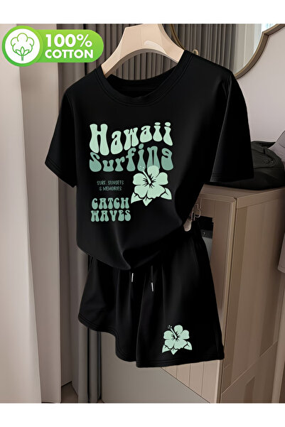 LAVİTTA Hawaii Shorts and Top Tracksuit Set Printed Oversize Crew Neck