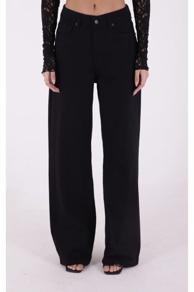 Coşkun GİYİM Γυναικείο τζιν παντελόνι με φαρδιά μπατζάκια, ΜΑΥΡΟ 718-07