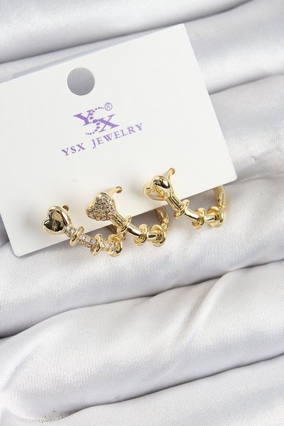 Toptan Bulurum Brass Zircon Stone Heart Model Gold Color 3-Piece Women's Earr...