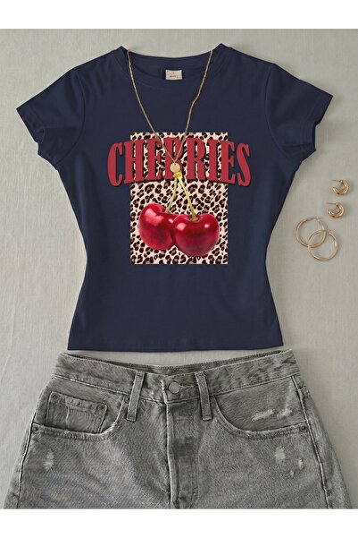 NİCE Γυναικείο κοντομάνικο μπλουζάκι με στάμπα λεοπάρ κεράσια - Lycra