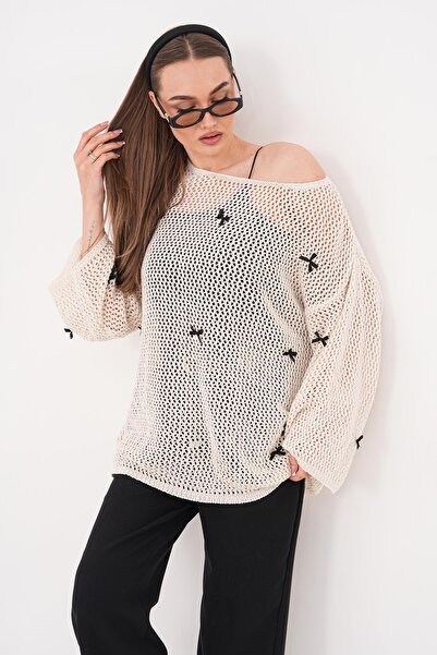 ŞİMAL Women's Ribbon Detailed Knitted Mesh Sweater 260536 -