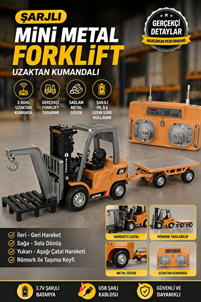 Toyaş 1:64 Mini R/C Uzaktan Kumandalı 2.4GHz Forklift Seti Römorklu Metal Oyu...