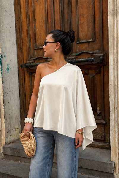 oshebu Γυναικεία μπλούζα από μεταξωτό σατέν με έναν ώμο, κομψή