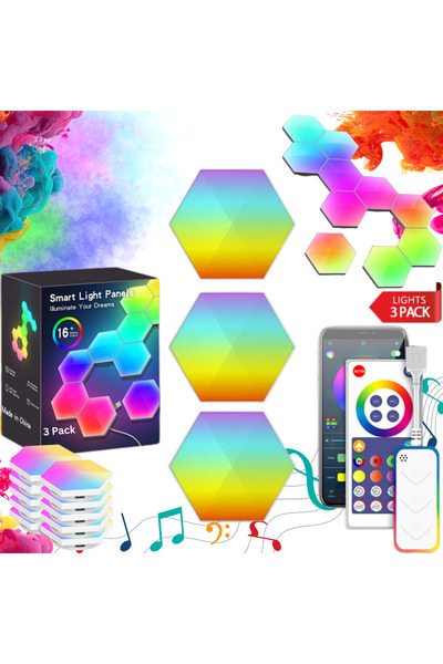 Qova Έξυπνο Εξαγωνικό Κιτ Πάνελ LED RGBIC, Σετ 3 Τεμαχίων, Qova ® Εφαρμογή + ...