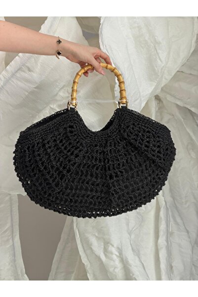 Luminos Butik Μαύρη ψάθινη τσάντα με λαβές από μπαμπού Half Moon CNT1155