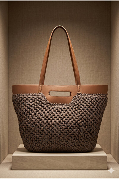 Luminos Butik Δερμάτινη Ψάθινη Τσάντα Καφέ με Δερμάτινο Επάνω Μέρος CNT1151