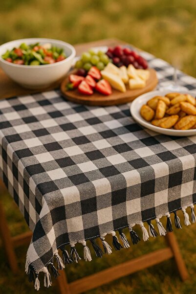 AKGÜN EV TEKSTİLİ Medium Size Checkered Picnic Mat with Fringes, Table Cloth,...