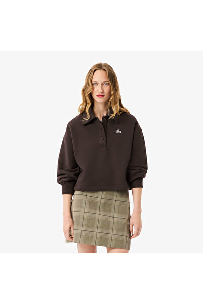 Lacoste Kadın Oversize Fit Polo Yaka Kahverengi Sweatshirt
